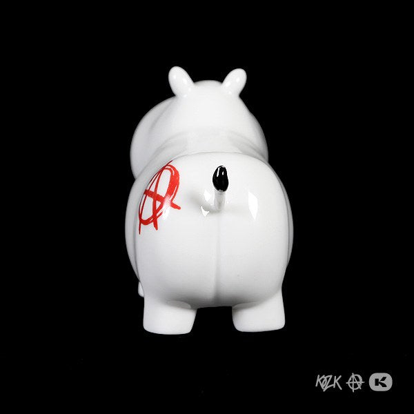 Potamus Red Anarchy figurine by Frank Kozik, crafted from Limoges porcelain, featuring a white enamel finish and red Anarchist logo.